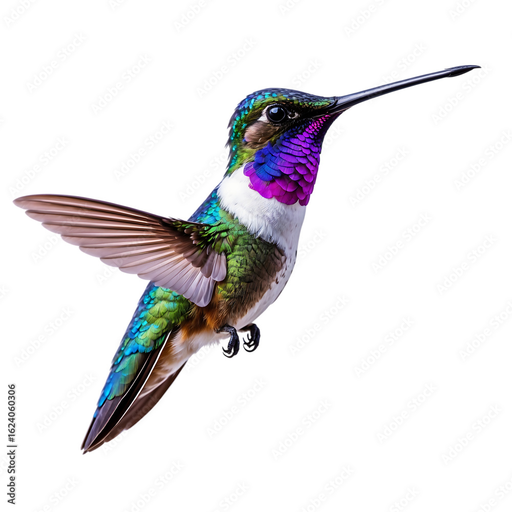 Fototapeta premium Colorful hummingbird isolated on transparent background, hovering in midair gracefully