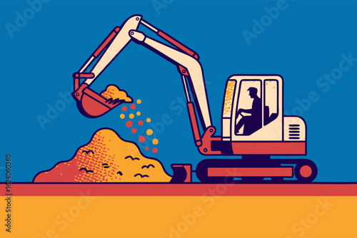 Mini excavator vector suitable for construction industry designs, excavation services advertising, and instructional materials for heavy equipment operations.