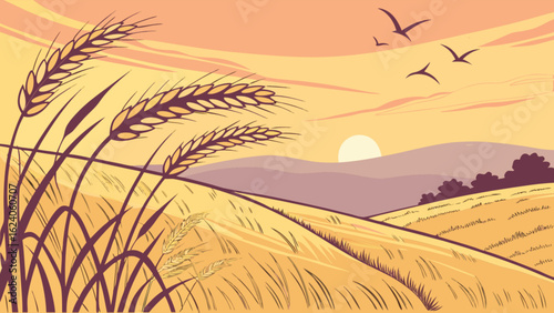 Illustration of a wheat field at sunset with birds flying in the sky, capturing the beauty and tranquility of a rural landscape during harvest season