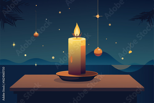 candlelight glowing softly on a table with pine ga.eps