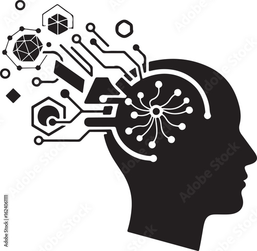 Black silhouette of human head with digital brain network vector