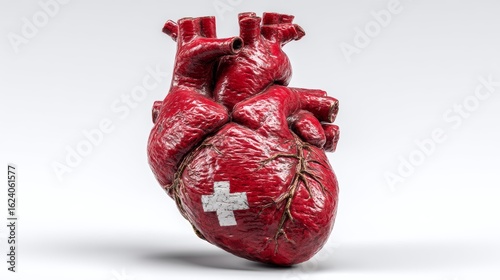 Realistic human heart model with medical symbols on a clean white background