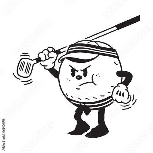 A vintage-style illustration of a golf ball with a cartoonish, grumpy expression as an 80s character, poised to hit a golf ball. 