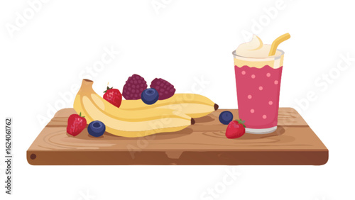 A refreshing smoothie with fresh berries and bananas on a wooden board, isolated on white background, perfect for a healthy and delicious treat