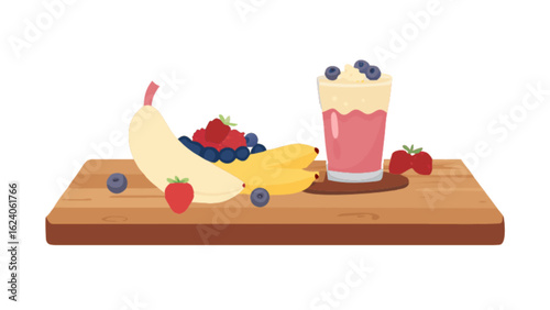 A vibrant smoothie with mixed berries and bananas on a wooden board, isolated on white background, a delightful and nutritious choice