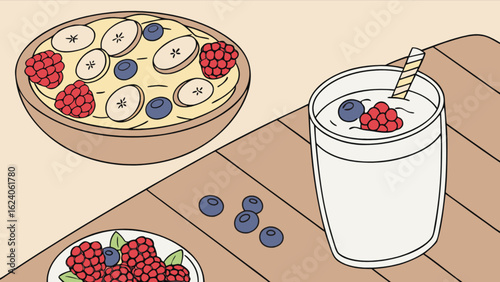 A wholesome breakfast scene featuring oatmeal, smoothie, and fresh berries on a wooden table, isolated on white background, a nutritious start