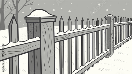 Illustration of a wooden fence covered in snow during winter, isolated on white background, ideal for winterthemed designs and outdoor scenes