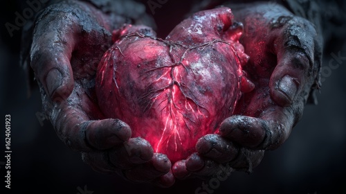 Unearthly Heart in Grimy Hands Emitting a Soft Red Glow in a Dark Atmosphere