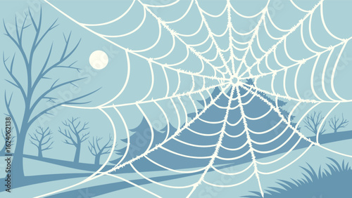 A spooky spiderweb against a moonlit night sky, perfect for halloween or horror themes, with trees and branches creating a creepy atmosphere