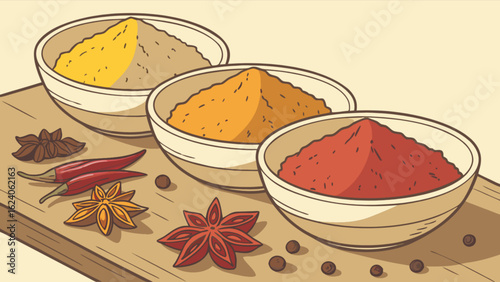 Assortment of spices in bowls on a wooden table, a culinary still life with chili, star anise, and pepper, creating a flavorful and aromatic illustration