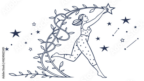Illustration of a woman reaching for a star, surrounded by vines and celestial elements, isolated on white background, conveying dreams and aspirations