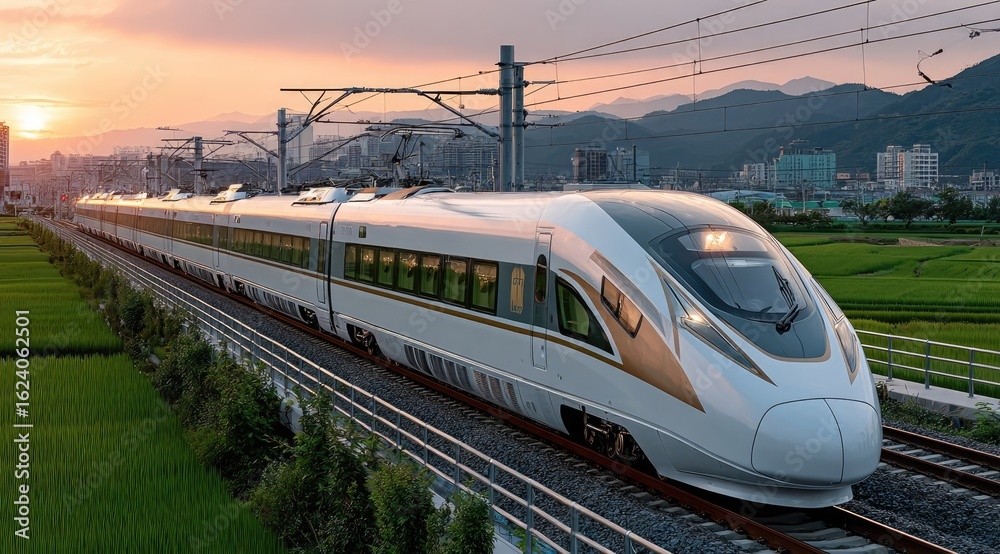 Fototapeta premium Modern high-speed train at sunset, traversing scenic countryside