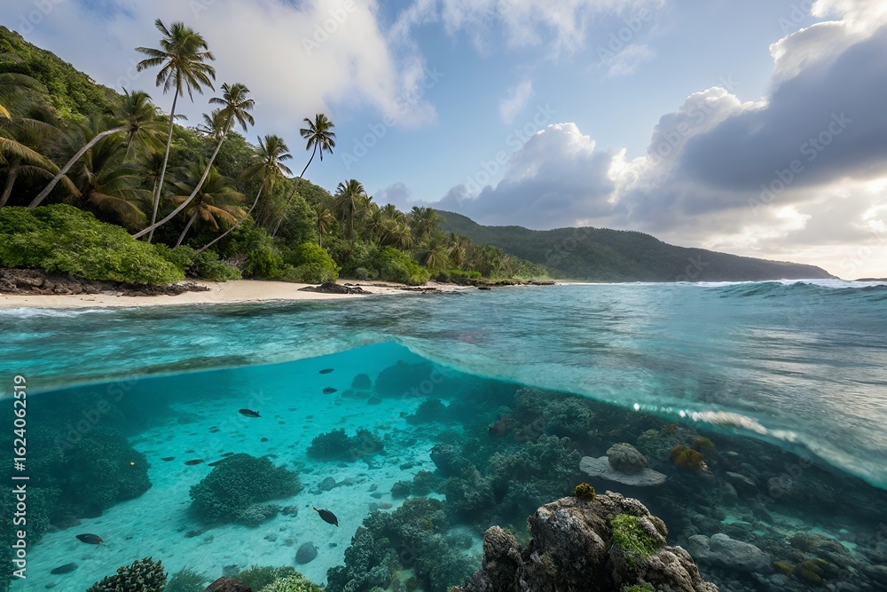 Fototapeta premium Tropical island paradise over under view with lush greenery and coral reef