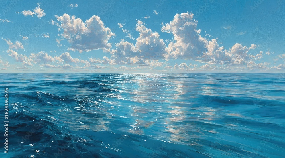 Fototapeta premium Calm ocean scene under a bright blue sky with fluffy white clouds