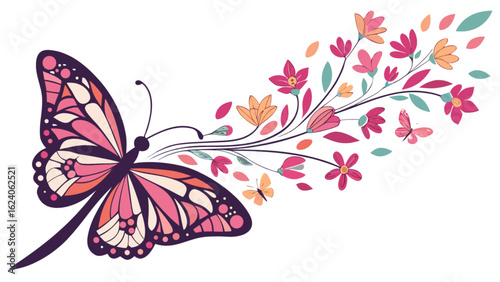 A whimsical butterfly with floral design, isolated on white background, creating a colorful and decorative vector illustration for spring and summer