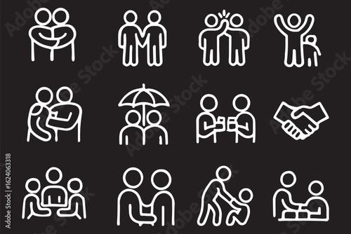Friendship and social connections icon set. Thin line editable stroke icons for relationships, teamwork, networking, community, communication, friend interactions and mutual support