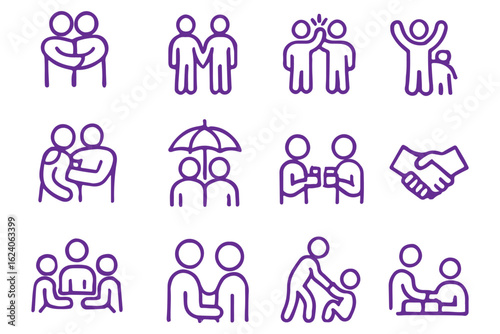 Friendship and social connections icon set. Thin line editable stroke icons for relationships, teamwork, networking, community, communication, friend interactions and mutual support