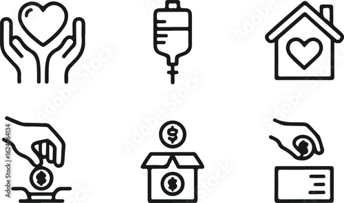 Collection of icons representing charity healthcare and generosity