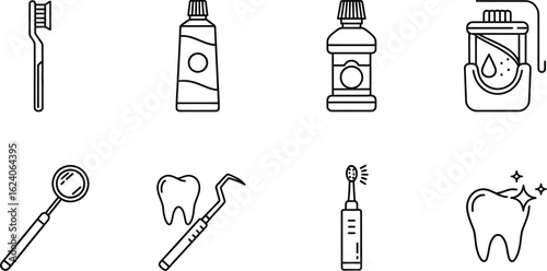 Dental care icons featuring essential tools and elements for oral hygiene, treatment, and prevention of dental diseases in a minimalist style