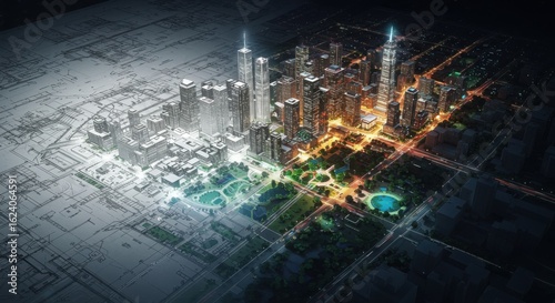 Fototapeta Naklejka Na Ścianę i Meble -  Blueprint layout transforming into glowing city