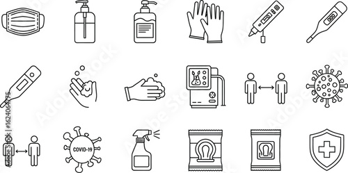 Line art of covid19 prevention icons, including a mask, sanitizer, gloves, thermometer, hand washing, ventilator, social distancing, and shield