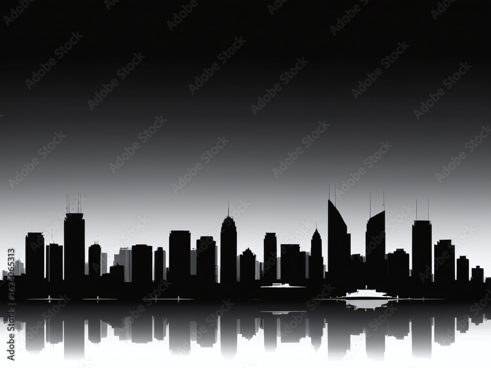 Obraz premium Monochromatic silhouette of a modern metropolitan city skyline with reflection.