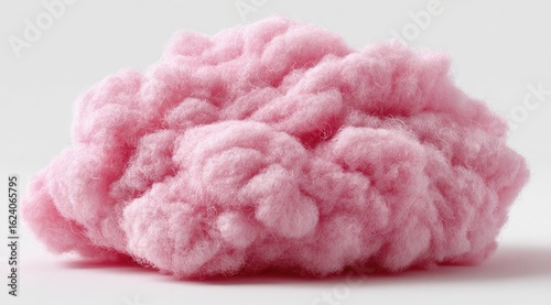 A fluffy, pink, cloud-like mass rests on a plain white background