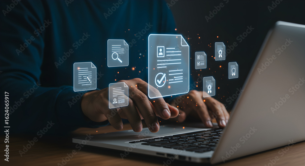 Naklejka premium document, management, laptop clean simple clear high quality detailed closeup studio natural light copy space minimal modern stock photo for web for print background design template concept idea profe