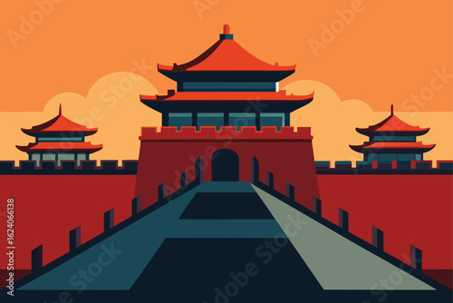 chinese-fortress-with-watchtowers-and-walls--.eps