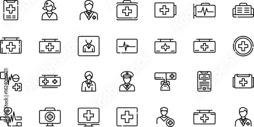 Collection of healthcare and medical icons, representing emergency services, hospital care, medical treatment, and healthcare professionals