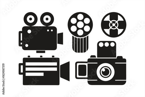 Set of vintage and modern filmmaking equipment icons, featuring cameras, film reels, and a film strip, all in a bold black and white graphic style, isolated on white background