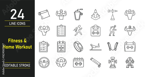 Fitness & Home Workout Line Icons Set – Editable Vector Icons for Exercise, Gym, Training, Wellness, and Yoga