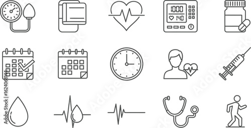 A collection of healthcare and medical icons representing blood pressure monitoring, heart health, medication, and appointments