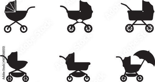 Baby stroller silhouette 5 icon set. pram, buggy symbols black collection.