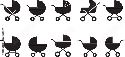 Baby stroller silhouette 5 icon set. pram, buggy symbols black collection.