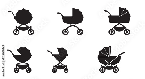 Baby stroller silhouette 5 icon set. pram, buggy symbols black collection.