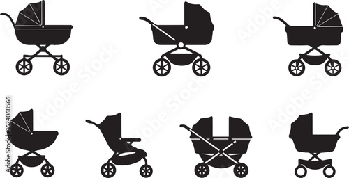 Baby stroller silhouette 5 icon set. pram, buggy symbols black collection.