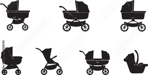 Baby stroller silhouette 5 icon set. pram, buggy symbols black collection.