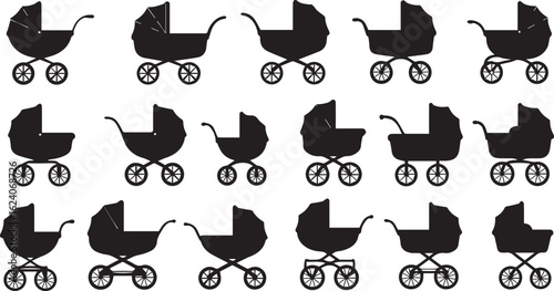 Baby stroller silhouette 5 icon set. pram, buggy symbols black collection.