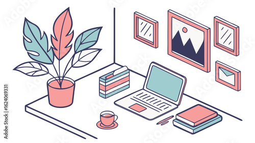 Make a clean isometric vector of a modern home office setup, with laptop, plants, coffee cup, books, and wall art, using soft muted colors for lifestyle blogs or work-from-home articles.
