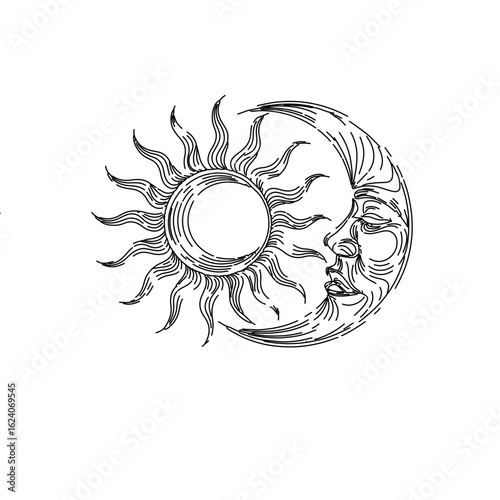 Continious line art of Sun and Moon – Celestial Black and White Illustration with Stars and Cosmic Balance Theme