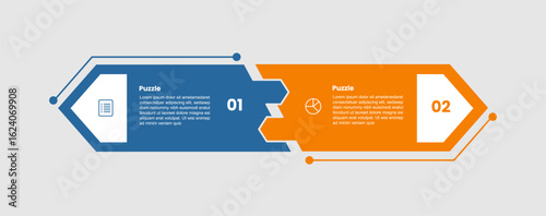 puzzle jigsaw shape base infographic diagram with long rectangle box with arrow edge opposite direction with 2 step for slide presentation