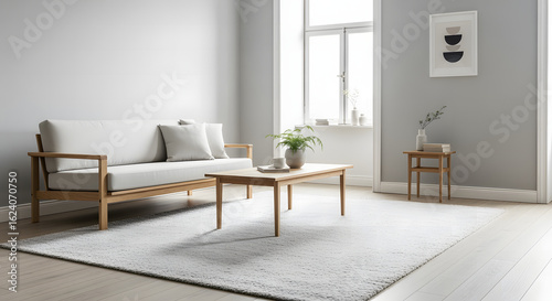 Elegant Scandinavian style living room interior with modern wooden furniture  a neutral sofa  and abundant natural daylight.