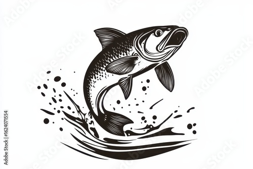 Jumping fish out of water icon vector illustration isoleted on white background in black silhouette complex photo .