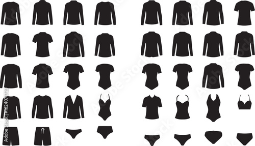 Clothing, fashion silhouette icon set. apparel, swimwear, lingerie silhouette collection.