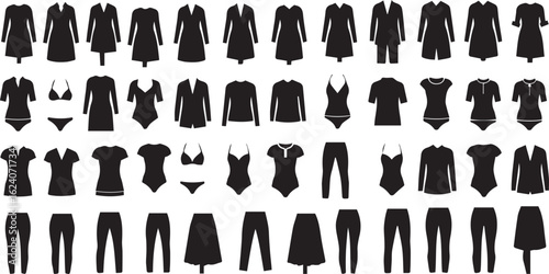 Clothing, fashion silhouette icon set. apparel, swimwear, lingerie silhouette collection.