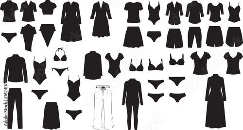 Clothing, fashion silhouette icon set. apparel, swimwear, lingerie silhouette collection.