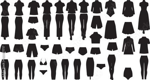 Clothing, fashion silhouette icon set. apparel, swimwear, lingerie silhouette collection.