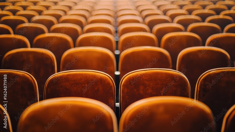 Fototapeta premium Empty rows of brown velvet theater seats in a dimly lit auditorium.