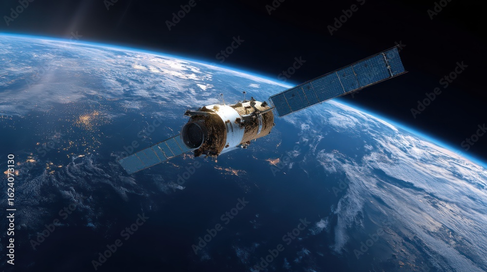 Obraz premium A satellite orbiting the Earth, with a view of the planet's surface below.